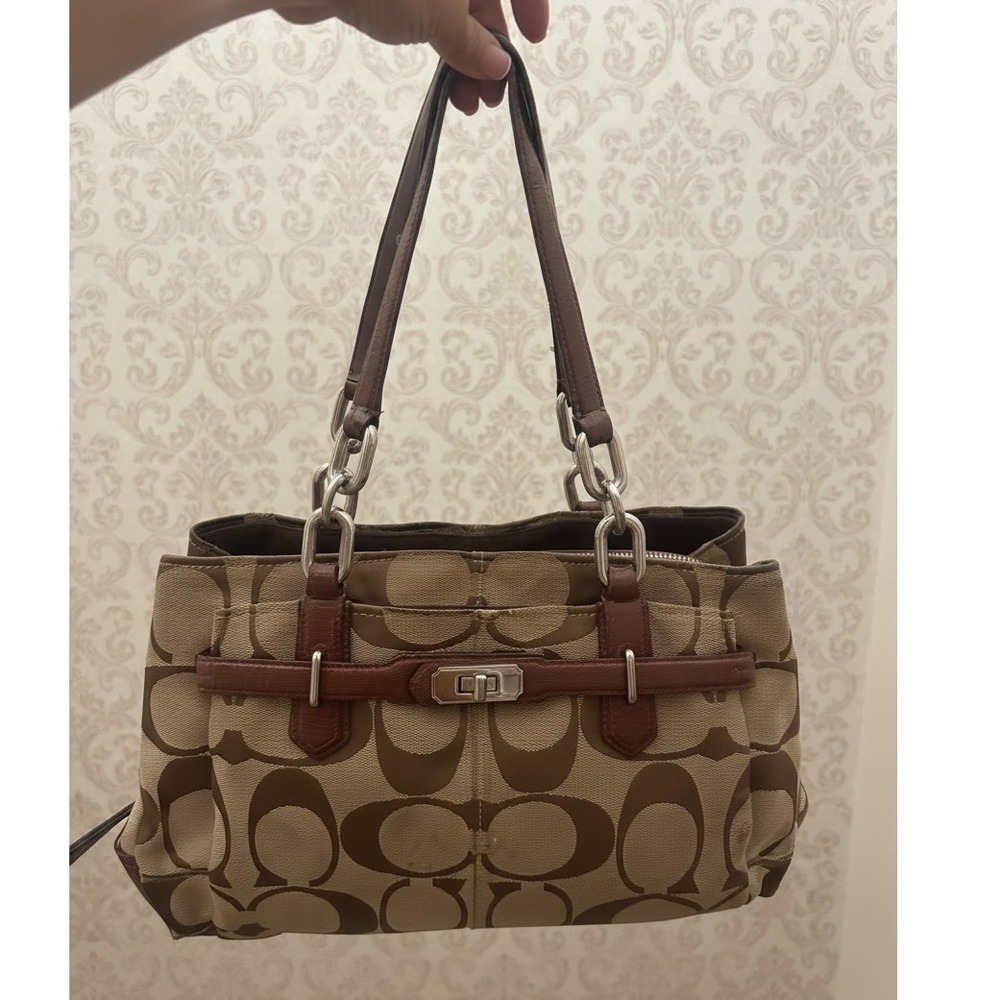 Coach Signature Jacquard Turnlock Tote – Brown/Tan – 2012